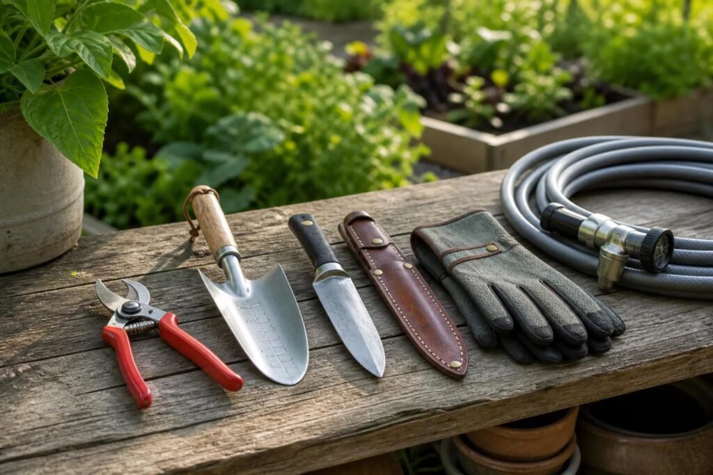 Essential garden maintenance tools arranged for gardening work