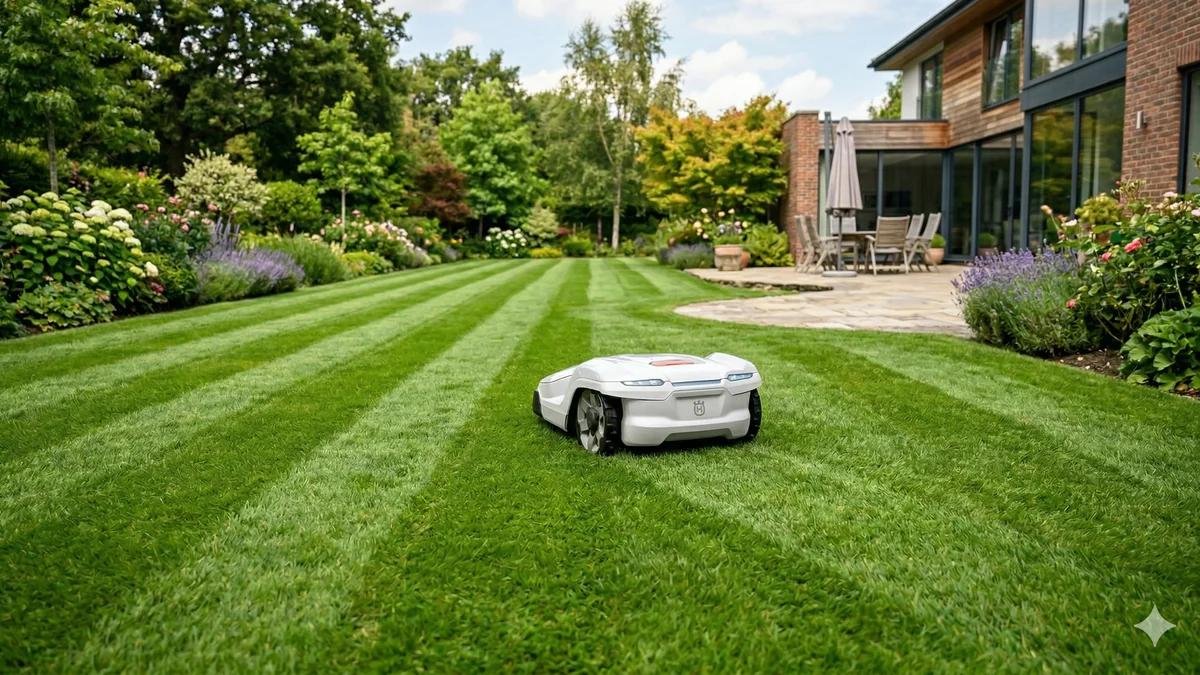 Robotic lawn mower maintaining a green lawn in a residential garden