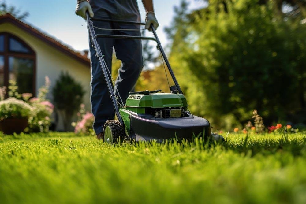 Lawn mower cutting grass in a well-maintained garden