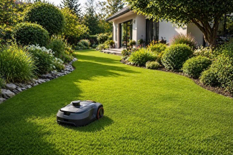 Robotic lawn mower automatically cutting grass in a residential garden