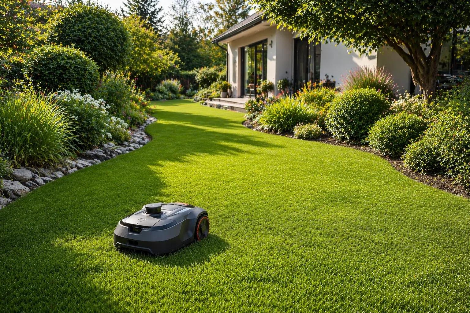 Robotic lawn mower automatically cutting grass in a residential garden