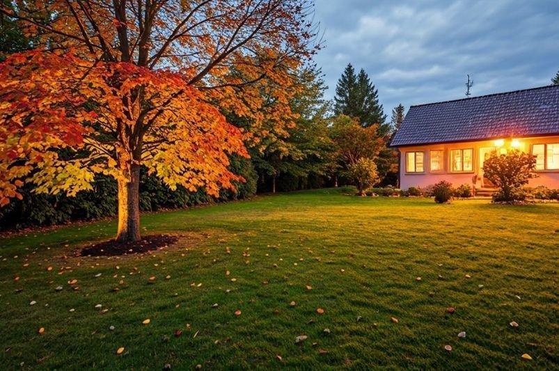 Garden with a green lawn and seasonal leaves requiring regular maintenance